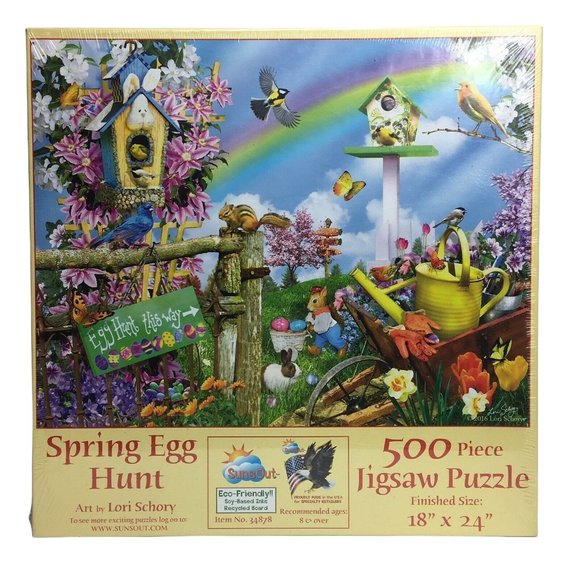 Suns Out Puzzle Spring Egg Hunt Lori Schory 500 Piece Jigsaw 18 X 24 USA Floral